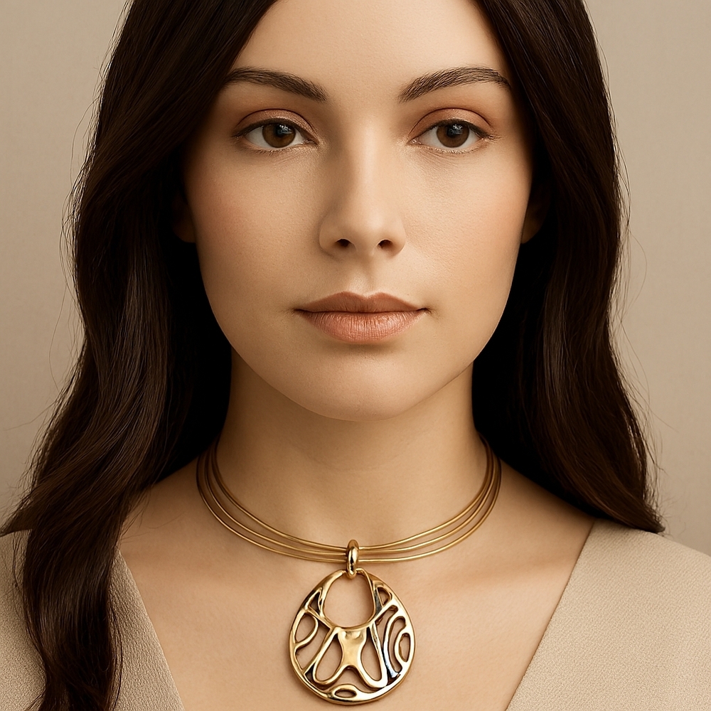 Multi-Strand Gold Wire Necklace – Big Filigree Pendant Women’s Fashion Jewelry